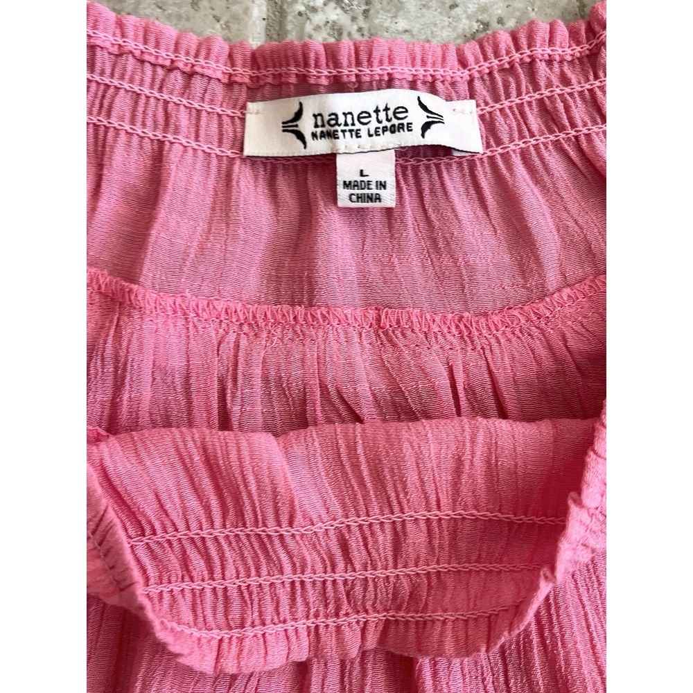 Nanette Lepore Sz. Large Pink Ruffle Sleeve Smocked Neckline Blouse Flowy BOHO - Picture 5 of 6
